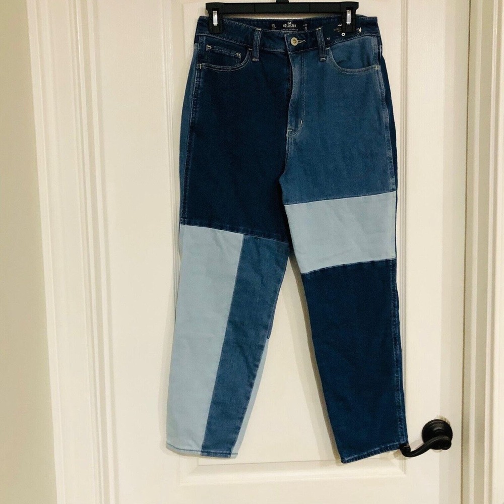 Hollister Ultra High-Rise Mom Jeans Blue Patchwork Colorblock 5S W27 L25 Stretch